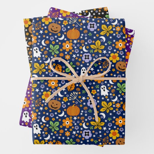 ハロウィーンの不気味な幽霊とオレンジ色のカボチャ ラッピングペーパーシート (インサイチュ)