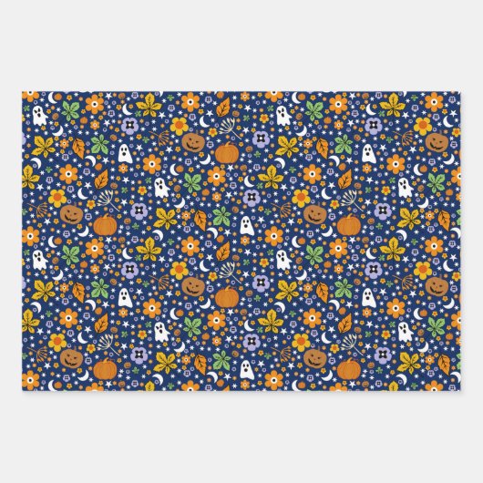 ハロウィーンの不気味な幽霊とオレンジ色のカボチャ ラッピングペーパーシート (正面)
