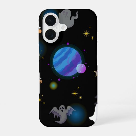 ハロウィーンの不気味な銀河とお化け城のスマホケース iPhone 16ケース (裏面)
