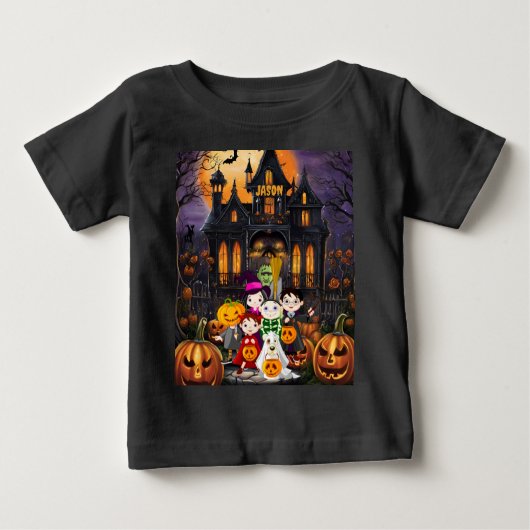 ハロウィーンの個人設定の名前をトリックまたは処理する ベビーTシャツ (正面)