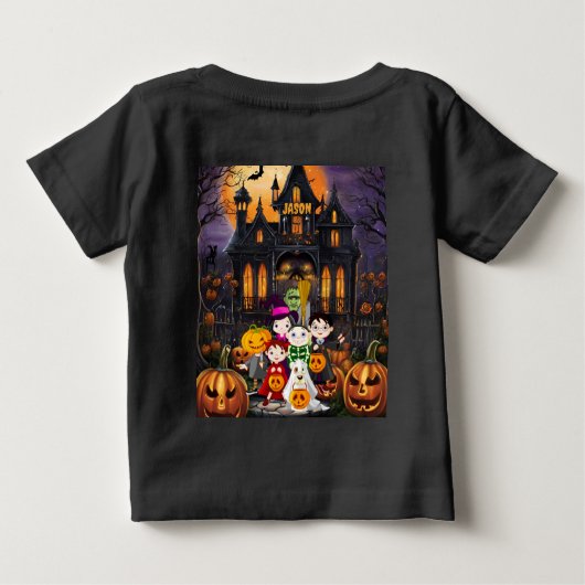 ハロウィーンの個人設定の名前をトリックまたは処理する ベビーTシャツ (裏面)