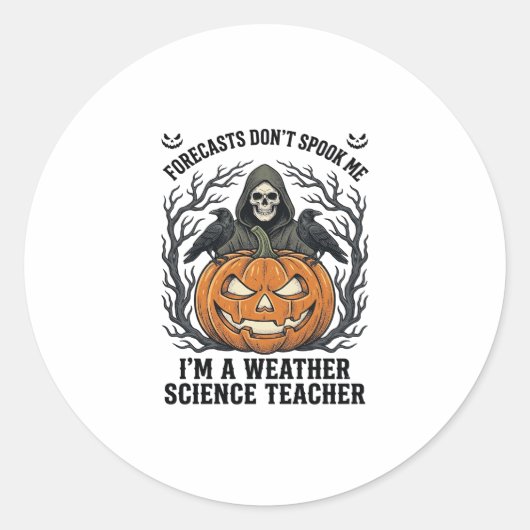 ハロウィーンの先生の天気予報 怖い死神のかぼちゃデザイン ラウンドシール (正面)