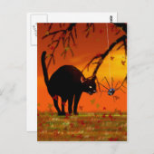 ハロウィーンの出会い – 黒猫とクモ ポストカード (正面/裏面)