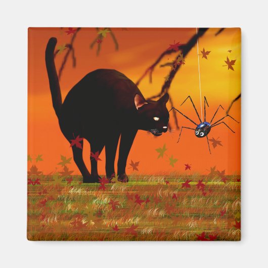 ハロウィーンの出会い – 黒猫とクモ マグネット (正面)