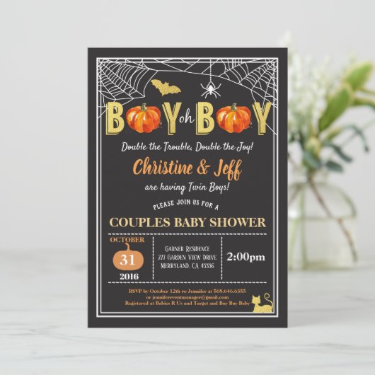 ハロウィーンの双子の男の赤ちゃんカップルがカボチャにシャワーを浴びる 招待状 (スタンド正面)