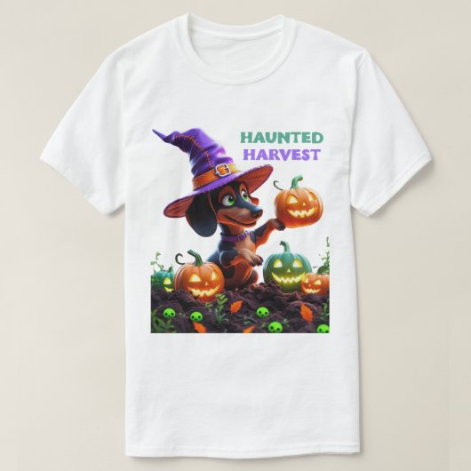 ハロウィーンの収穫 – 魔女のダックスフンド ガーデン Tシャツ (デザイン正面)