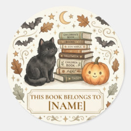 ハロウィーンの可愛い黒猫のブックプレート ラウンドシール