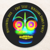 ハロウィーンの名前の年ネオンルックグローブルースカル ラウンドペーパーコースター (正面)