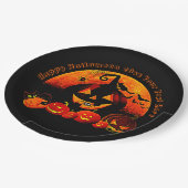 ハロウィーンの名前20xxグローパンプキンキャットくもの巣9" ペーパープレート (アングル)