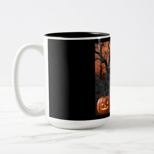 ハロウィーンの墓石ユーモア"Cia N Hell" ツートーンマグカップ (左)
