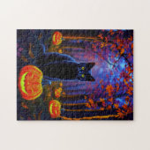 ハロウィーンの夜にカボチャの森で黒猫 ジグソーパズル (横)