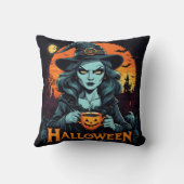 ハロウィーンの夜にカボチャの飲み物を楽しむ魔女 クッション (裏面)