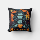 ハロウィーンの夜にカボチャの飲み物を楽しむ魔女 クッション (正面)