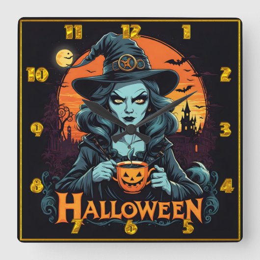 ハロウィーンの夜にカボチャの飲み物を楽しむ魔女 スクエア壁時計 (正面)