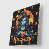 ハロウィーンの夜にカボチャの飲み物を楽しむ魔女 スクエア壁時計 (傾斜)