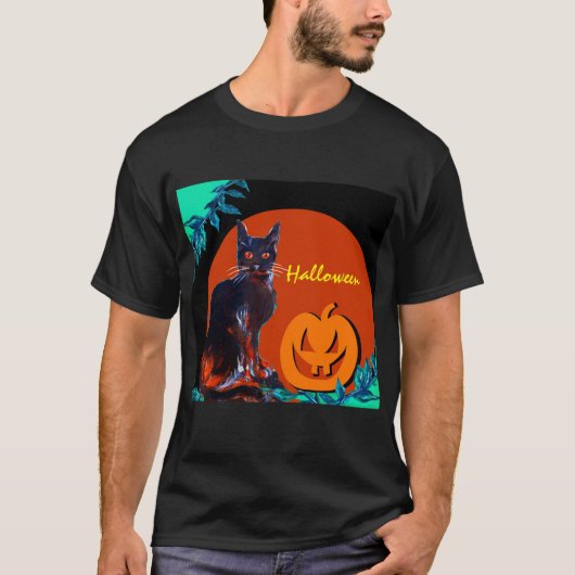 ハロウィーンの夜にカボチャを入れた黒猫 Tシャツ (正面)