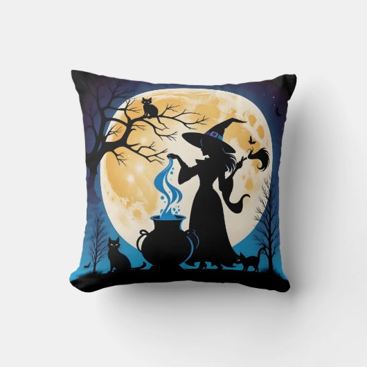 ハロウィーンの夜にポーションをかき混ぜる魔女 クッション (正面)