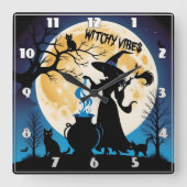 ハロウィーンの夜にポーションをかき混ぜる魔女 スクエア壁時計 (正面)