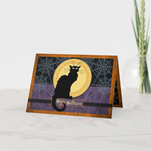 ハロウィーンの夜に黒い猫とクモの巣 カード