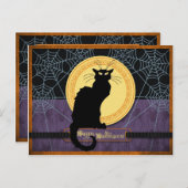 ハロウィーンの夜に黒い猫とクモの巣 シーズンポストカード (正面/裏面)