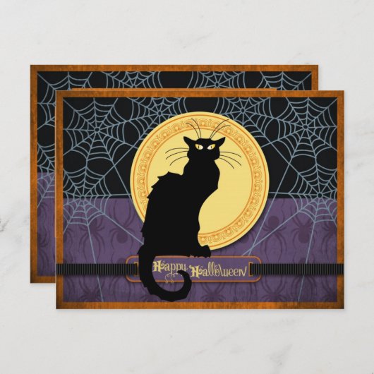ハロウィーンの夜に黒い猫とクモの巣 シーズンポストカード (正面/裏面)