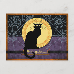 ハロウィーンの夜に黒い猫とクモの巣 シーズンポストカード