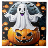 ハロウィーンの夜のカボチャの間の陽気な幽霊 タイル (正面)
