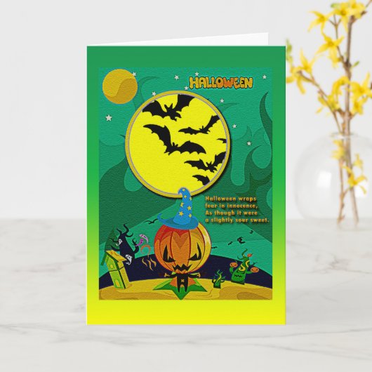 ハロウィーンの夜のジャックo'ランタンウィザードシーン カード (黄色い花)