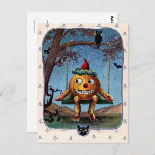 ハロウィーンの夜のスイングでカボチャを怖がらせた ポストカード (正面/裏面)