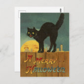 ハロウィーンの夜のフェンスの上の黒猫、ヴィンテージ ポストカード (正面/裏面)