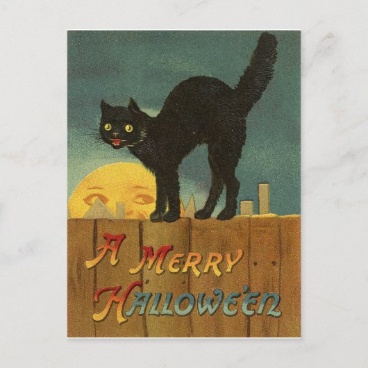 ハロウィーンの夜のフェンスの上の黒猫、ヴィンテージ ポストカード (正面)