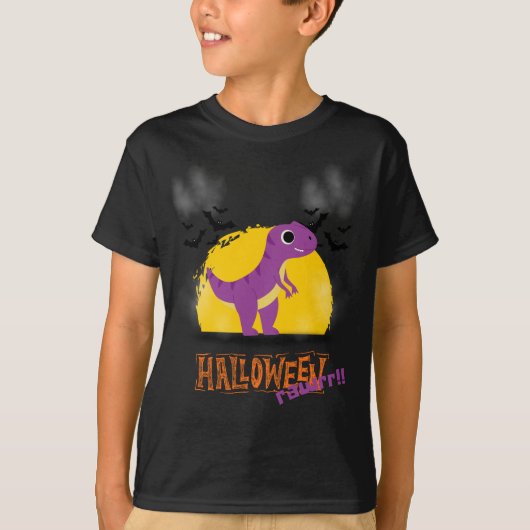 ハロウィーンの夜の紫とオレンジの恐竜狩り Tシャツ (正面)