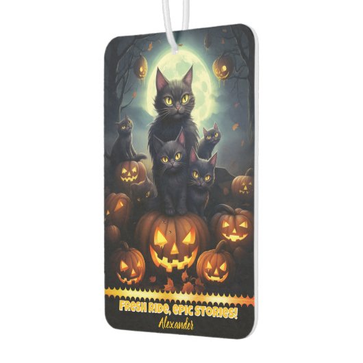 ハロウィーンの夜の黒猫とカボチャ カーエアーフレッシュナー (左)