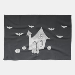 ハロウィーンの夜幽霊のよく出るは家、こうもり、カボチャ キッチンタオル