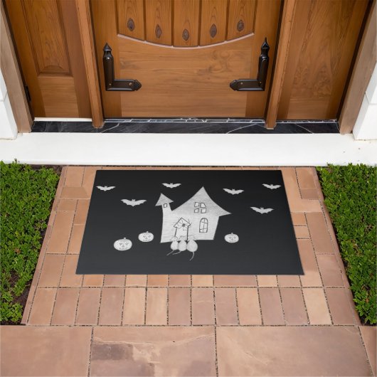 ハロウィーンの夜幽霊のよく出るは家、こうもり、カボチャ ドアマット (室外)