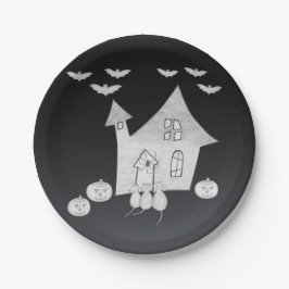 ハロウィーンの夜幽霊のよく出るは家、こうもり、カボチャ ペーパープレート
