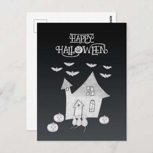 ハロウィーンの夜幽霊のよく出るは家、こうもり、カボチャ ポストカード (正面/裏面)