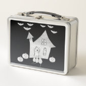 ハロウィーンの夜幽霊のよく出るは家、こうもり、カボチャ メタルランチボックス (正面)