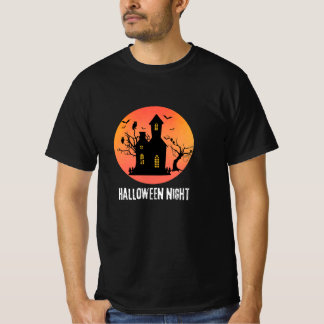 ハロウィーンの夜 幽霊の家のフクロウ 満月 シルエット Tシャツ