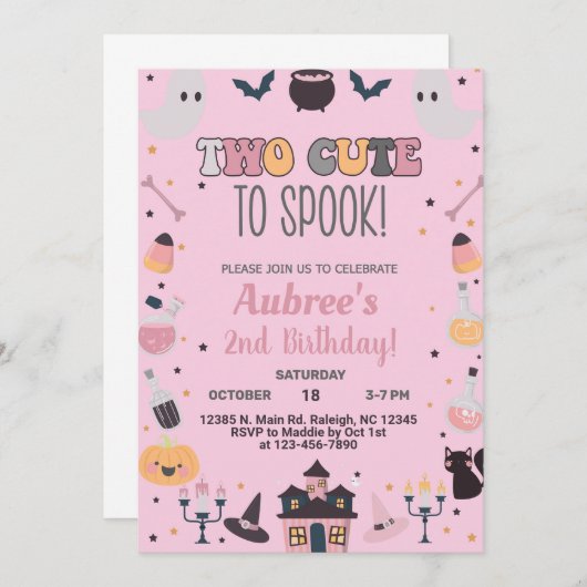ハロウィーンの女の子ピンクの招待状をスプークする2つの可愛い。 招待状 (正面/裏面)