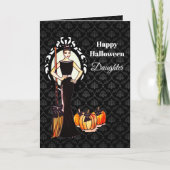 『ハロウィーンの女の魔女の娘と箒』 カード (正面)