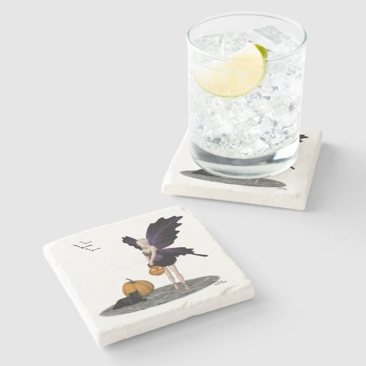 ハロウィーンの妖精とカボチャ石コースター ストーンコースター (横)