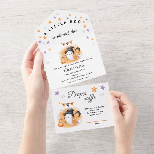 ハロウィーンの小さなブーはほとんど赤ちゃんシャワー オールインワン招待状 (貼ってはがせる)