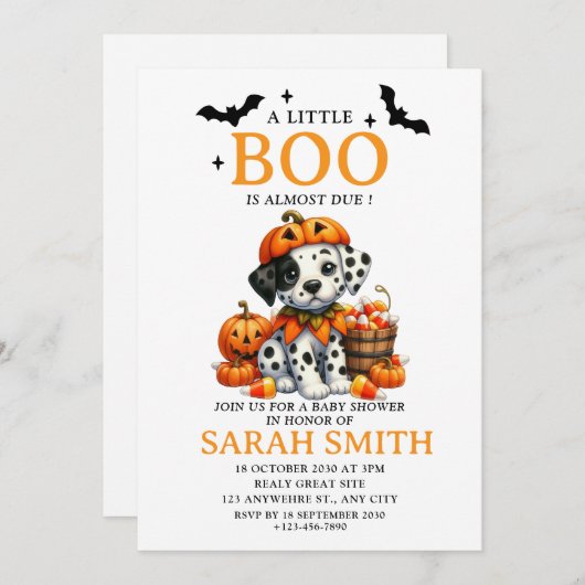 ハロウィーンの小さな犬のブーはほとんど赤ちゃんシャワーが必要 招待状 (正面/裏面)