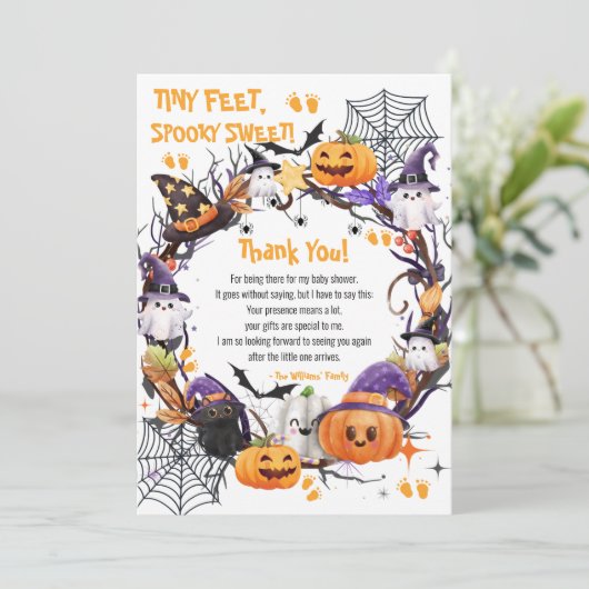 ハロウィーンの小さな足不気味、甘い赤ちゃんシャワー サンキューカード (スタンド正面)