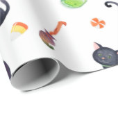 ハロウィーンの小さな魔女、黒猫、カボチャかわいい ラッピングペーパー (ロールコーナー)