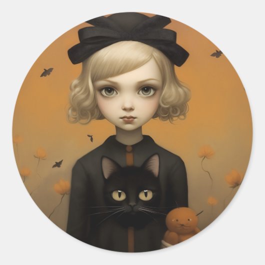 ハロウィーンの少女と猫 ラウンドシール (正面)