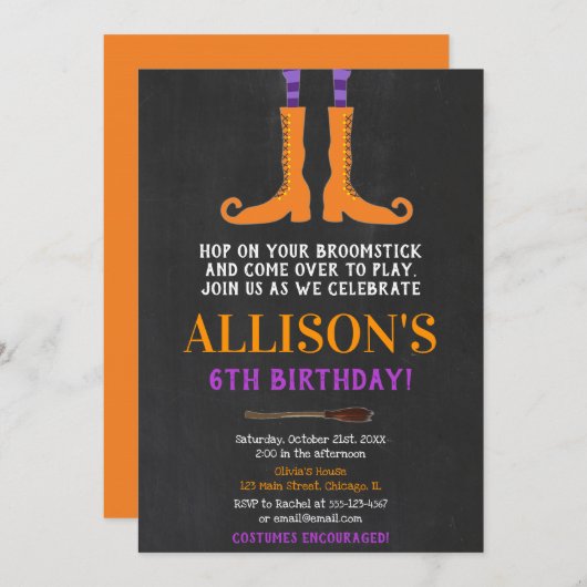 ハロウィーンの少女の誕生日魔女の足紫オレンジ 招待状 (正面/裏面)