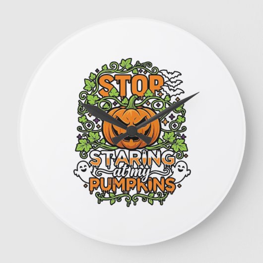 ハロウィーンの幽霊とコウモリのパンプキンを見るのをやめて_1 ラージ壁時計 (正面)