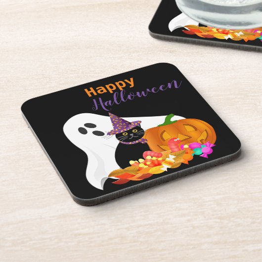 ハロウィーンの幽霊と黒猫のプラスチック製  コースター (左側)